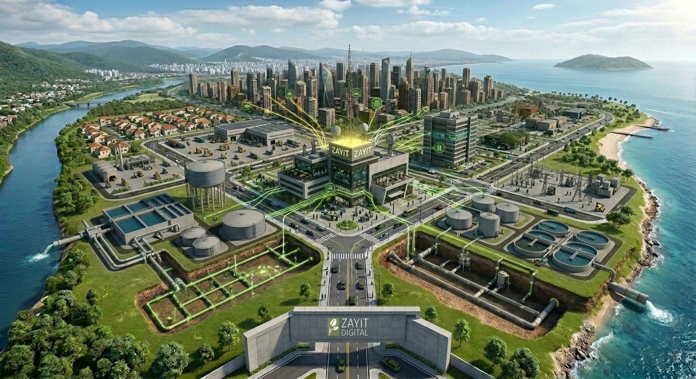 Vista aérea de Zayit City mostrando captação de água, centro de controle, estação de tratamento, energia solar, rede elétrica e o skyline da cidade inteligente conectados